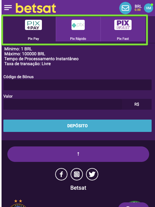 Escolha Pix para adicionar 1 real para o saldo