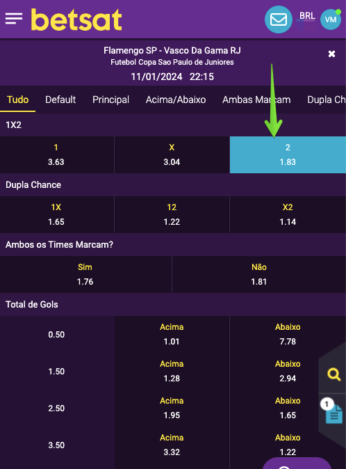 Escolha um evento e um mercado para apostar