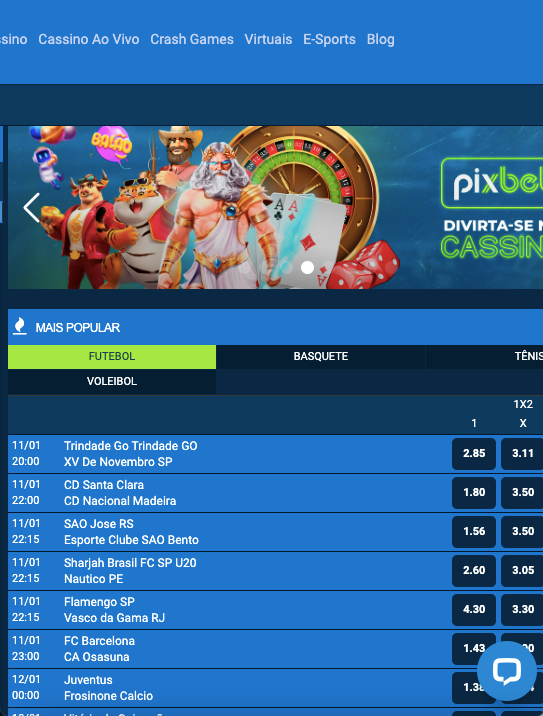 Página principal de uma das casas de apostas mais populares no Brasil Pixbet