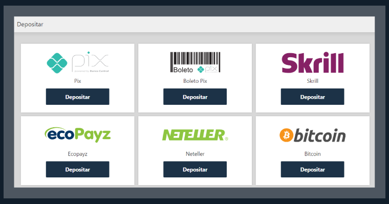 Ótima variedade de pagamentos, inclusive depósito via PIX